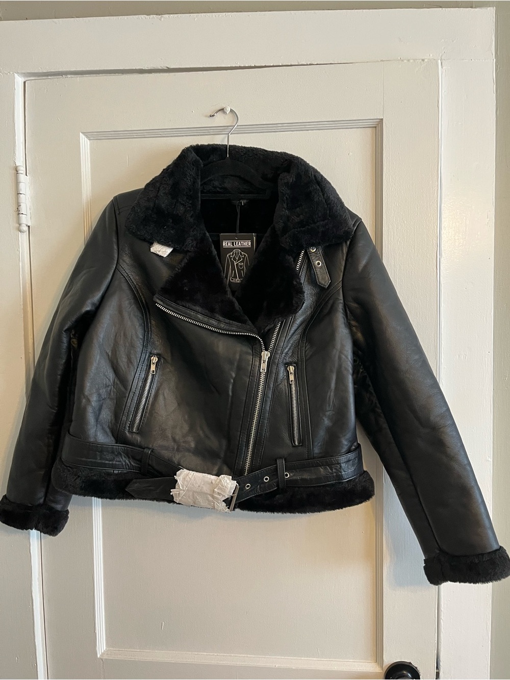 Agnes Black Leather Shearling Biker Jacket - Women
